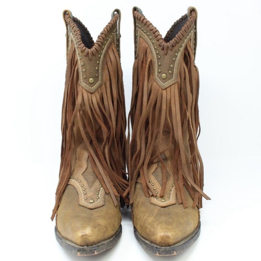🤠ROCKIN COUNTRY🤠GENUINE LEATHER FRINGE STUDDED COWBOY BOOT - Picture 2 of 7